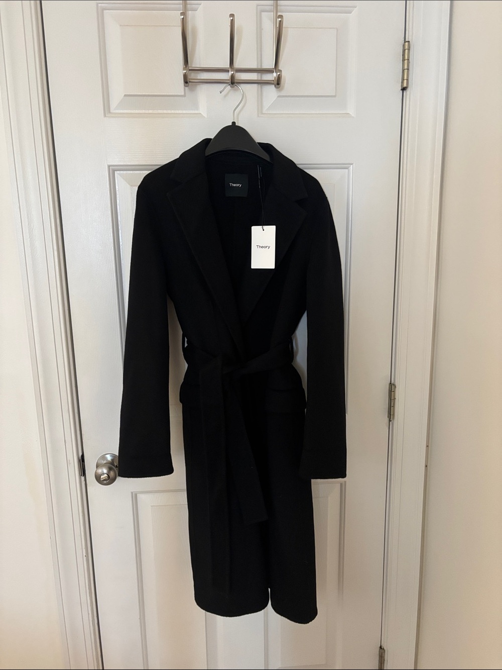 Theory Black Belted Long Wool-Blend Trench Coat